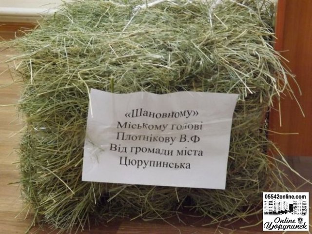 Цюрупинчане принесли своему мэру сено на сессию