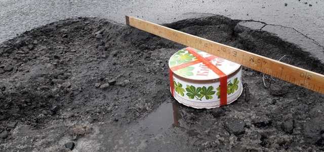 Активисты измеряли ямы на дороге «Киевским тортом» от Рошен