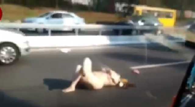 На проезжей части в Киеве водители наблюдают голую "русалку"