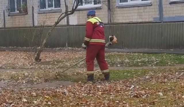 В Киеве заметили коммунальщика, который косил опавшие листья