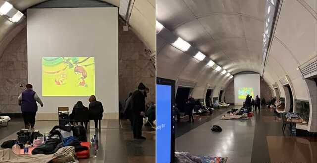 Для детей, спасающихся от бомбежки, в киевском метро начали крутить мультики