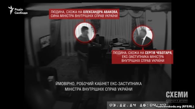Скріншот із відеозапису, на якому дуже схожий на сина міністра внутрішніх справ чоловік домовляється із нібито заступником міністра Сергієм Чеботарем про поставку рюкзаків для підрозділів МВС