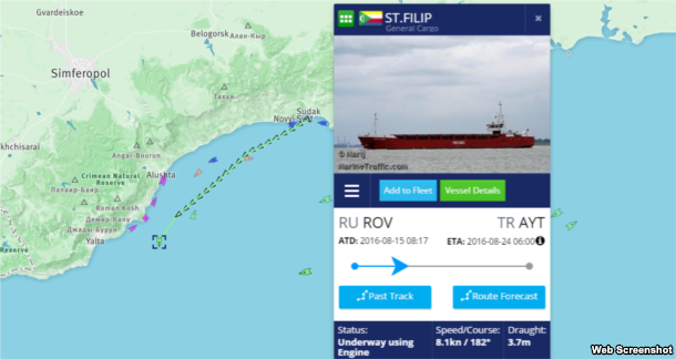 Скриншот системы MarineTraffic: сухогруз St. Filip под флагом Коморских островов следует из Судака в Анталью dqxikeidqxiqqtant