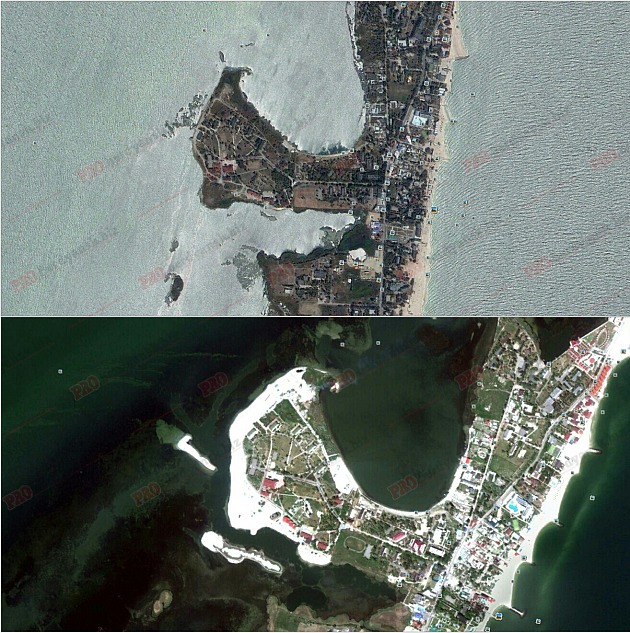 Супутникові знімки 2007 року(зверху) та 2014(знизу), на яких чітко видно збільшення земельної ділянки