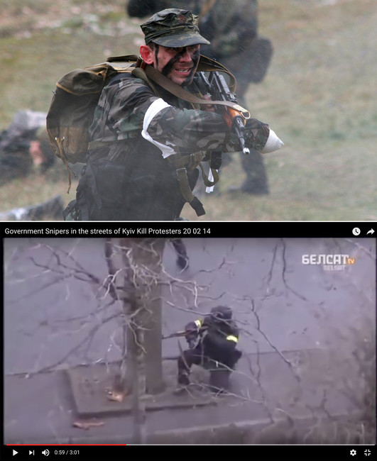 Дмитрий Садовник на учениях и Дмитрий Садовник стреляет на Майдане (сверху вниз). Источник: e-news.su, кадр из видео