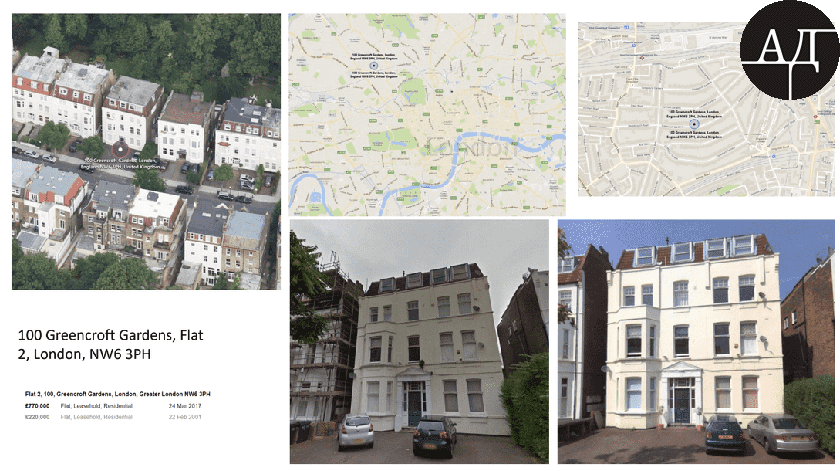 Анализ предложений агентств недвижимости позволил мне выяснить, что данная квартира – находилась в листинге агентства недвижимости Chelsea Square. Вот как описана данная квартира на сайте агентства: потрясающая квартира с 2 спальнями, 2 ванные комнаты цокольный этаж с приватным садом в 4-х этажном доме. Недвижимость находится всего в полумиле от Финчли-роуд и станции метро. На сайте агентства указано, что с 2001 года эта квартира подорожала на 550 тысяч фунтов, и ее цена составляет 775 тысяч фунтов. dqxikeidqxidqrant