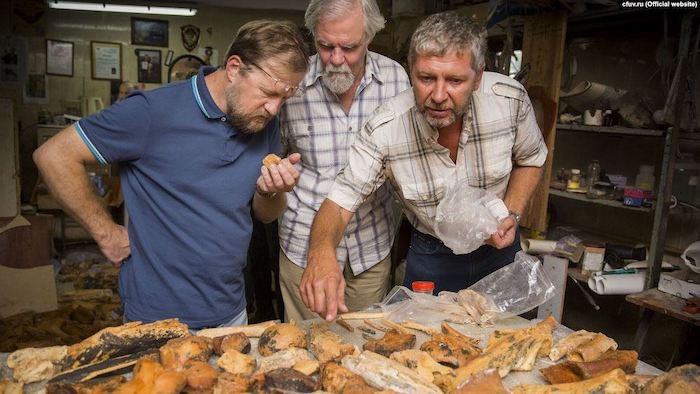 Керівник ради російської Спілки спелеологів Геннадій Самохін (праворуч) над об’єктами, знайденними біля смт Зуя