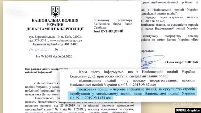 Наприкінці листопада 2019-го підполковник Колесник отримав звання полковника – йдеться у відповіді на запит, яку отримали «Схеми»