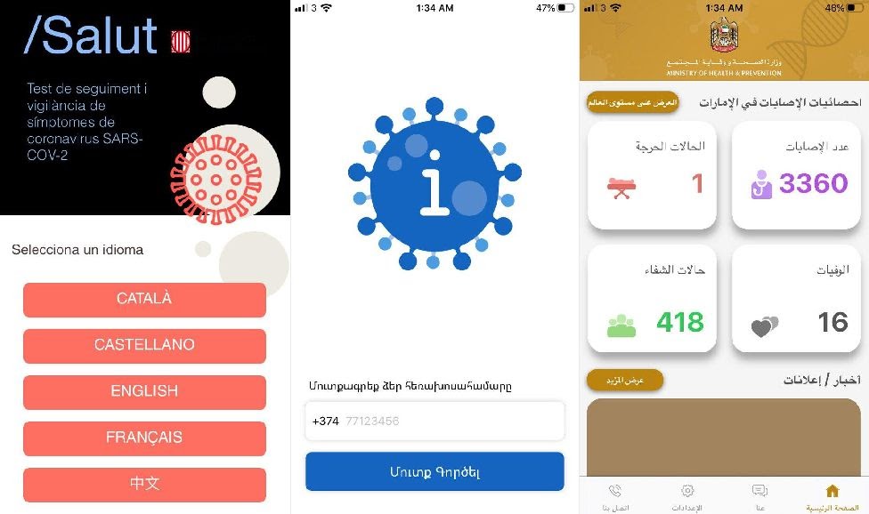 Экраны приложений для отслеживания контактов