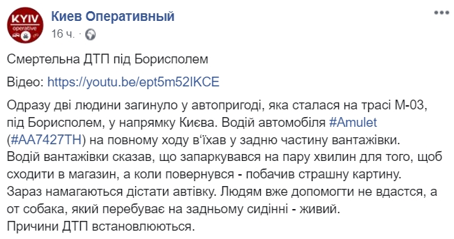 Авария на трассе в Борисполь. Скриншот: Киев Оперативный dqxikeidqxidqrant