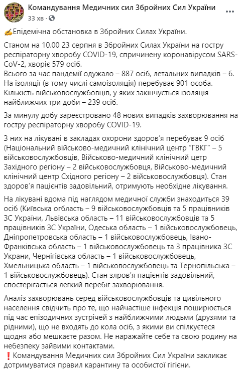 За сутки коронавирус выявили у 48 бойцов ВСУ. Скриншот: ВСУ в Фейсбук dqxikeidqxidqeant
