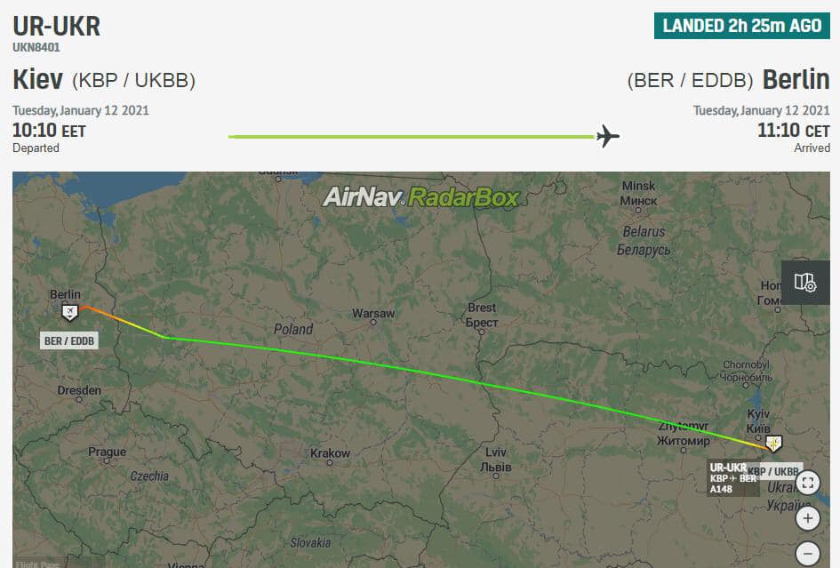 На изображении может находиться: текст «UR-UKR UKN8401 Kiev (KBP UKBB) Tuesday, January 12 2021 10:10 EET Departed LANDED 2h 25m AGO (BER EDDB) Berlin Tuesday, 12 2021 11:10 CET Arrived AirNav.RadarBox BER/ EDDB B UR-UKR KBP+ BER A148 UKBB» dqxikeidqxidqeant