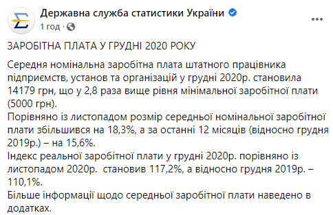 Средняя зарплата в Украине в декабре выросла до 14 тысяч гривен. Скриншот: Госстат dqxikeidqxidqrant
