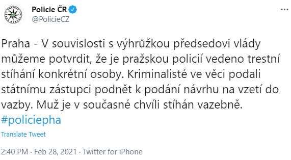 Премьеру Чехии и его семье угрожали убийством. Скриншот: Твиттер dqxikeidqxidqeant