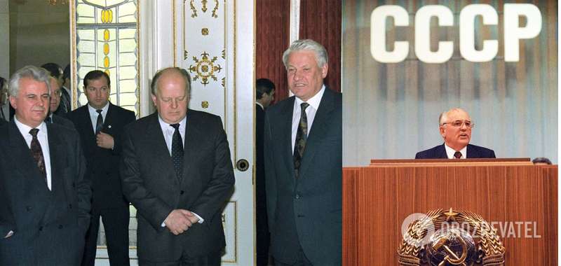 Леонид Кравчук, Станислав Шушкевич и Борис Ельцин (слева направо) после подписания Беловежского соглашения; Михаил Горбачев dqxikeidqxidqrant