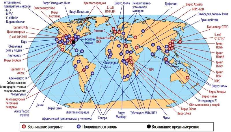Карта появления некоторых патогенов в мире за последние 50 лет, учитывая те, которые возникли (или снова возникли) естественным путем или были выпущены в окружающую среду намеренно dqxikeidqxidqrant