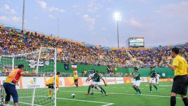 Action in Brazil’s goal area during the Men’s Gold Medal Match between Brazil v Islamic Republic of Iran. 5-a-side Football at the Olympic Tennis Centre at the Paralympic Games in Rio de Janeiro, Brazil
