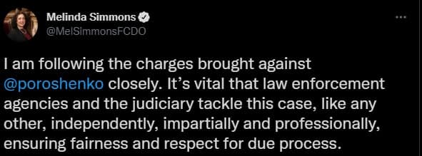 Мелинда Симонс прокомментировала подозрение для Порошенко. Скриншот из твиттера dqxikeidqxidqrant