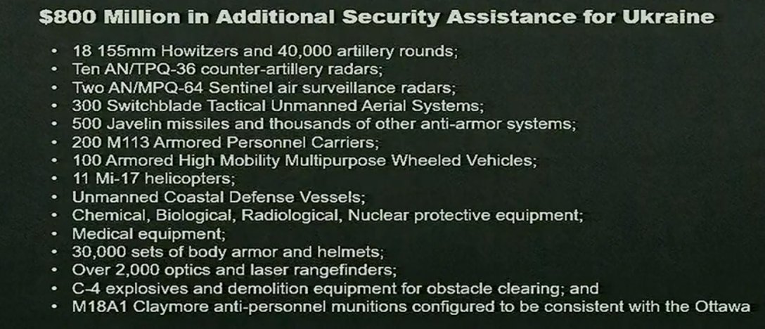Полный список вооружения для Украины от Пентагона