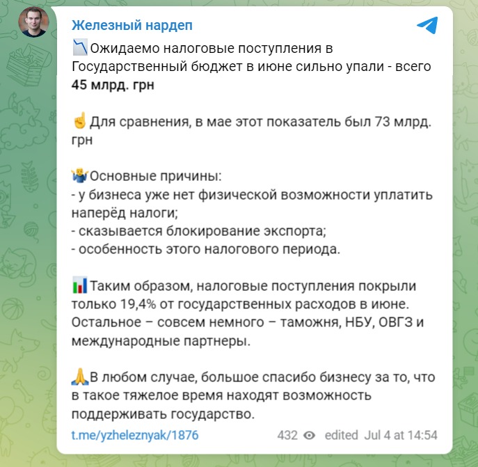 Скриншот из Телеграм Ярослава Железняка dqxikeidqxidqeant