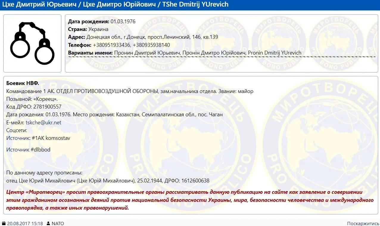 Данные об оккупанте