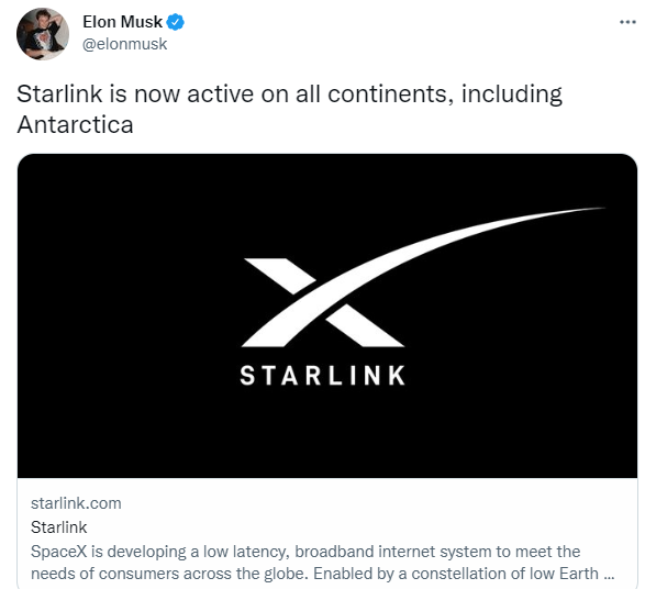 Глава компании SpaceX Илон Маск сообщил о том, что спутниковый интернет SpaceX Starlink теперь доступен на всех континентах планеты Земля dqxikeidqxidqrant