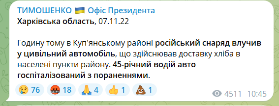 На Харківщині окупанти обстріляли авто, яке перевозило хліб: водій у лікарні dqxikeidqxidqeant