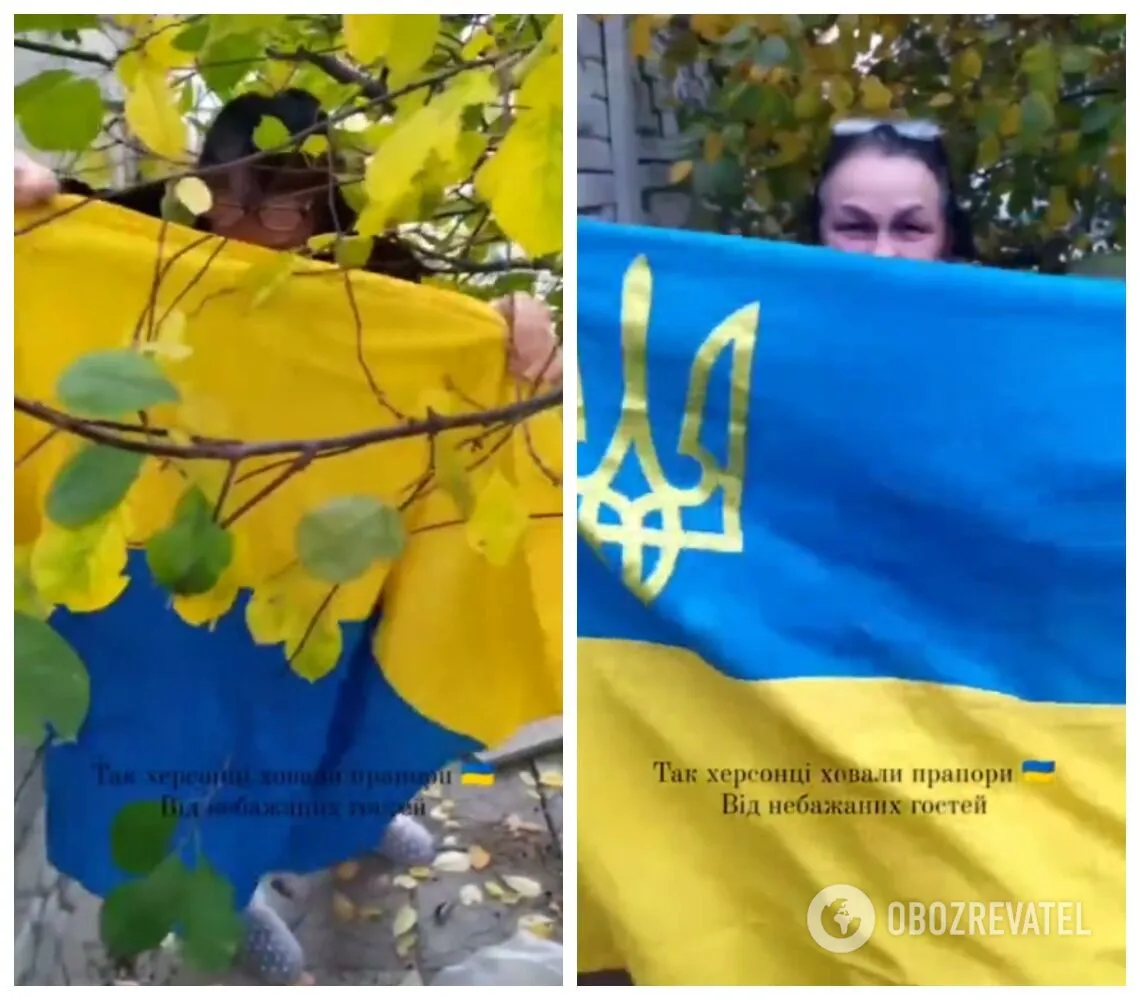 Після деокупації міста мешканка Херсона дістала прапор України, який ховала під плиткою