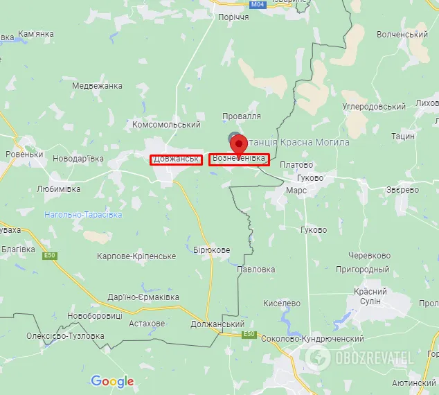 Довжанськ та Вознесенівка на карті dqxikeidqxidqrant