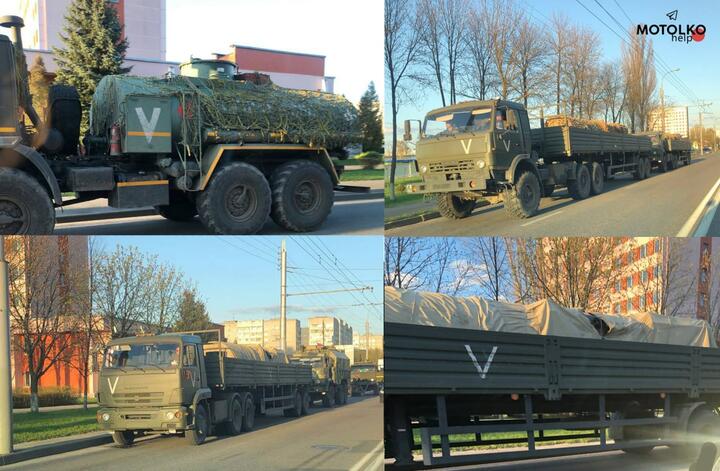 Колонны российской военной техники с обозначением буквами V на одной из улиц Гомеля. Нападение на Чернобыльскую АЭС, а также атака на Киев и окрестности были произведены с территории Беларуси. Группировка российских войск, напавшая на Украину, два месяца снабжалась оружием и припасами с территории Беларуси. Снимок сделан 27 апреля 2022 года. Фото: телеграм-канал «Беларускі Гаюн»