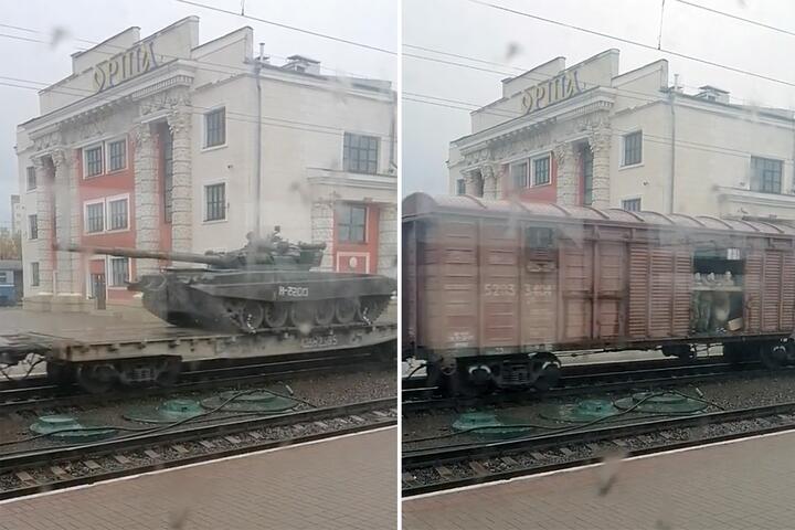 Перевозка танков Т-72А через железнодорожную станцию в Орше 9 октября 2022 года. По данным телеграм-канала «Live. Сообщество железнодорожников Беларуси», осенью из страны начали вывозить военную технику в Россию. Танки якобы были отправлены в поселок Авило-Успенка Ростовской области, который расположен очень близко к российско-украинской границе. Также телеграм-канал утверждал, что далее вагоны с техникой должны были направить в сторону Донецка. Скриншот видео телеграм-канала «Беларускі гаюн»