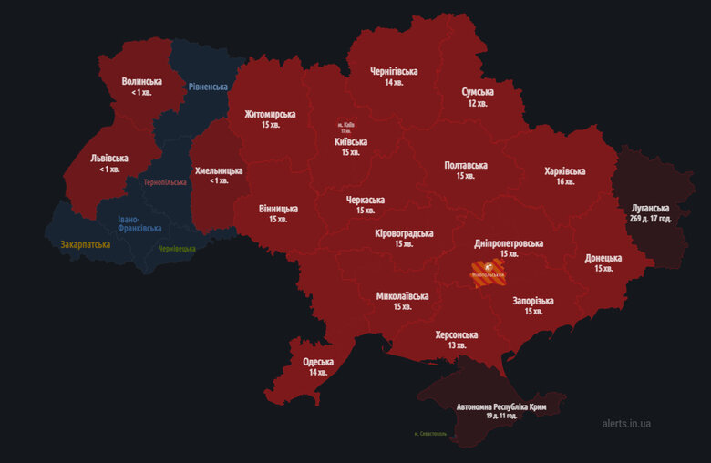 Майже по всій території України оголошено повітряну тривогу 01 dqxikeidqxidqeant