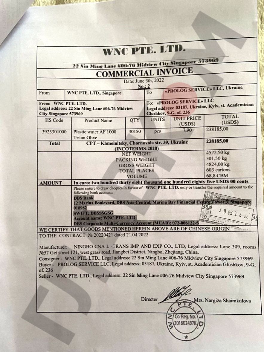 Копия коммерческого инвойса, где указывается отправитель и заказчик фляг