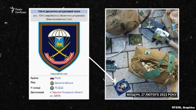 Російське військове спорядження, яке виявили мешканці Мощуна після прориву окупантів у село. Серед них, зокрема, шеврони «псковських» десантників dqxikeidqxidqrant