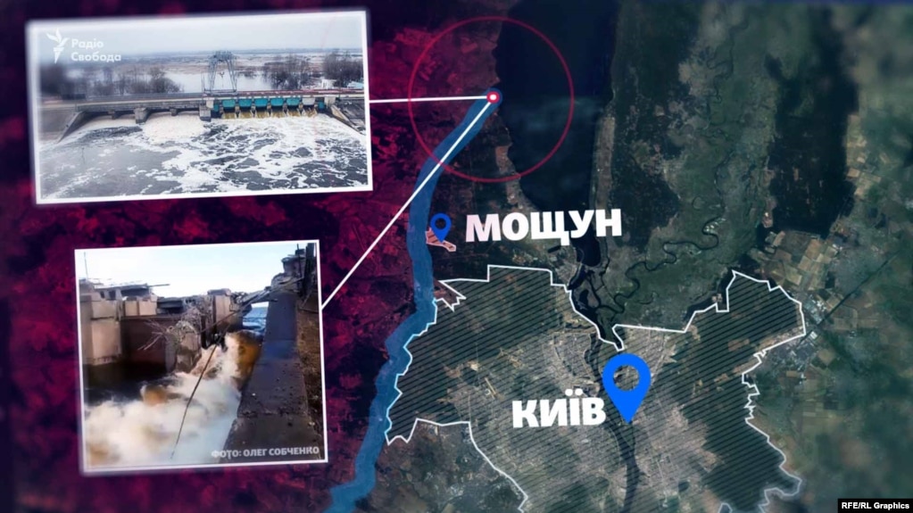 Розташування греблі Київського водосховища біля села Козаровичі, яка була пошкоджена для наповнення пойми річки Ірпінь