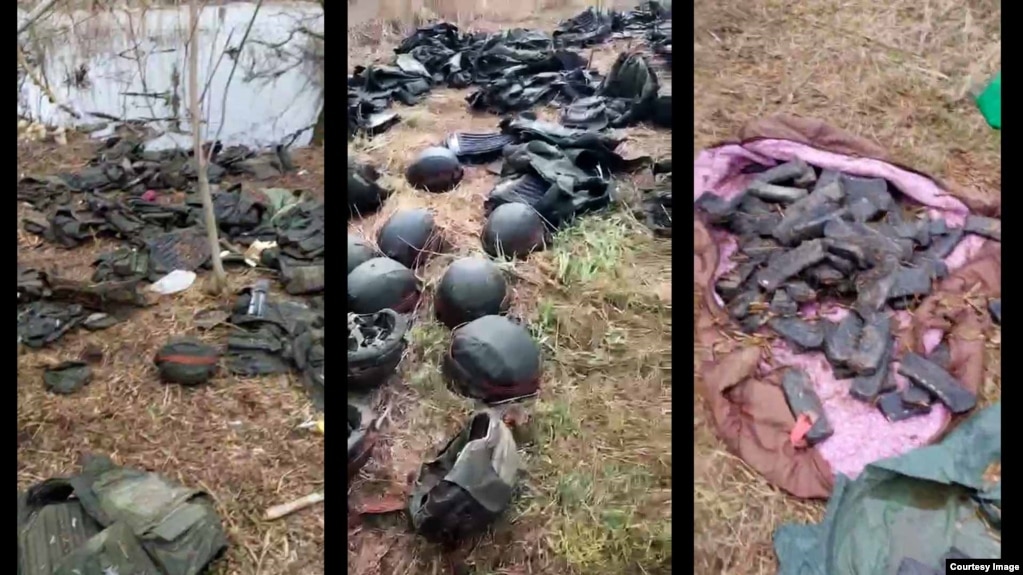На одному із берегів Ірпеня українські бійці познаходили велику кількість бронежилетів, шоломів, набоїв, гранат, зброї, покинутих під час втечі російських десантників