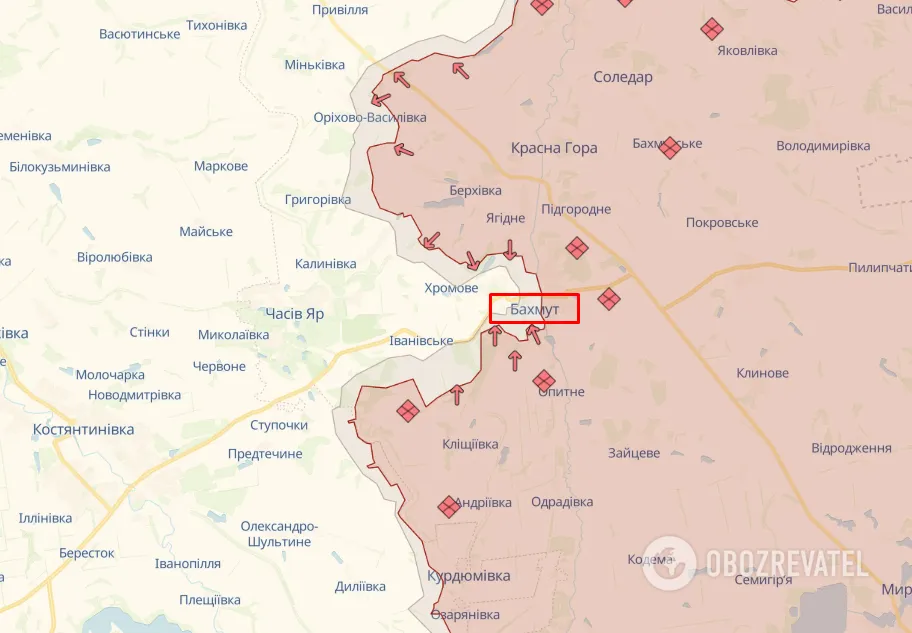 Линия фронта вблизи Бахмута