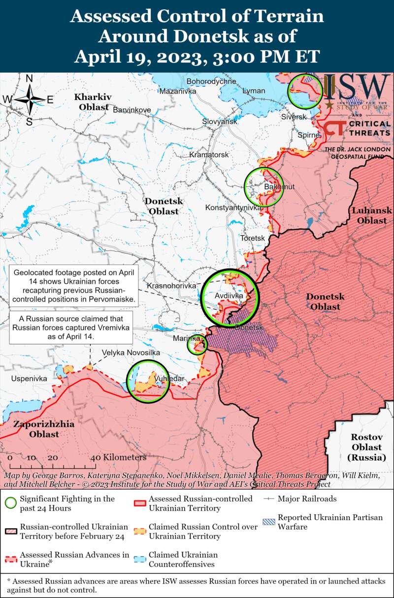 В Бахмуті відбулося 34 бойових зіткнення між ЗСУ та окупантами: карти боїв ISW