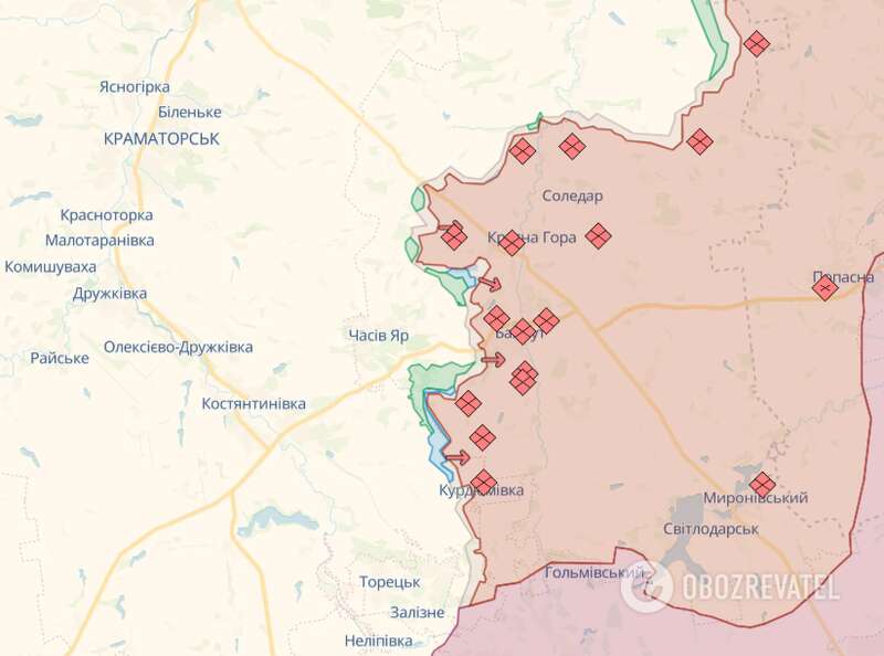 Линия фронта в районе Бахмута