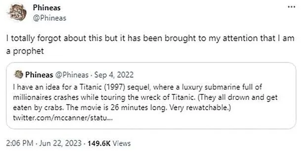 Пропонував зняти сіквел: "пророк" із Twitter "пророкував" катастрофу батискафа "Титан", який затонув на шляху до "Титаніка" dqxikeidqxidqrant