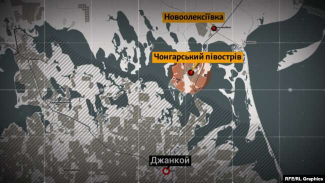 Графіка, розташування російських військ у березні 2014 року на території Херсонської області, на півострові Чонгар