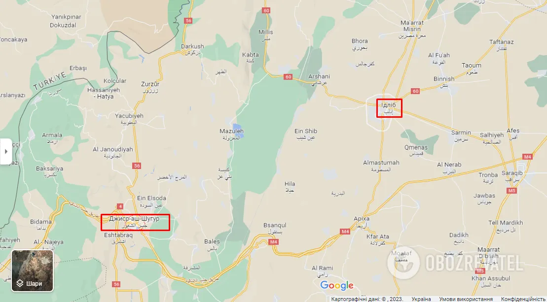 Джиср-эш-Шугур и Идлиб на карте