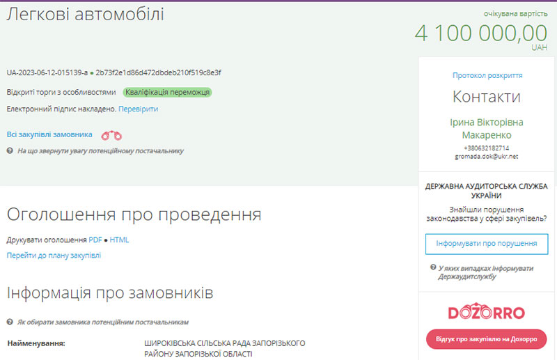 Широковский сельсовет закупка авто тендер