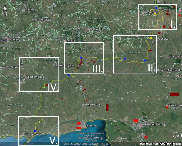 Пять зон, на которые условно разделили границу авторы расследования Bellingcat