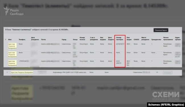 Упоминание об Арестовой в базе данных российской медицинской лаборатории «Гемотест»