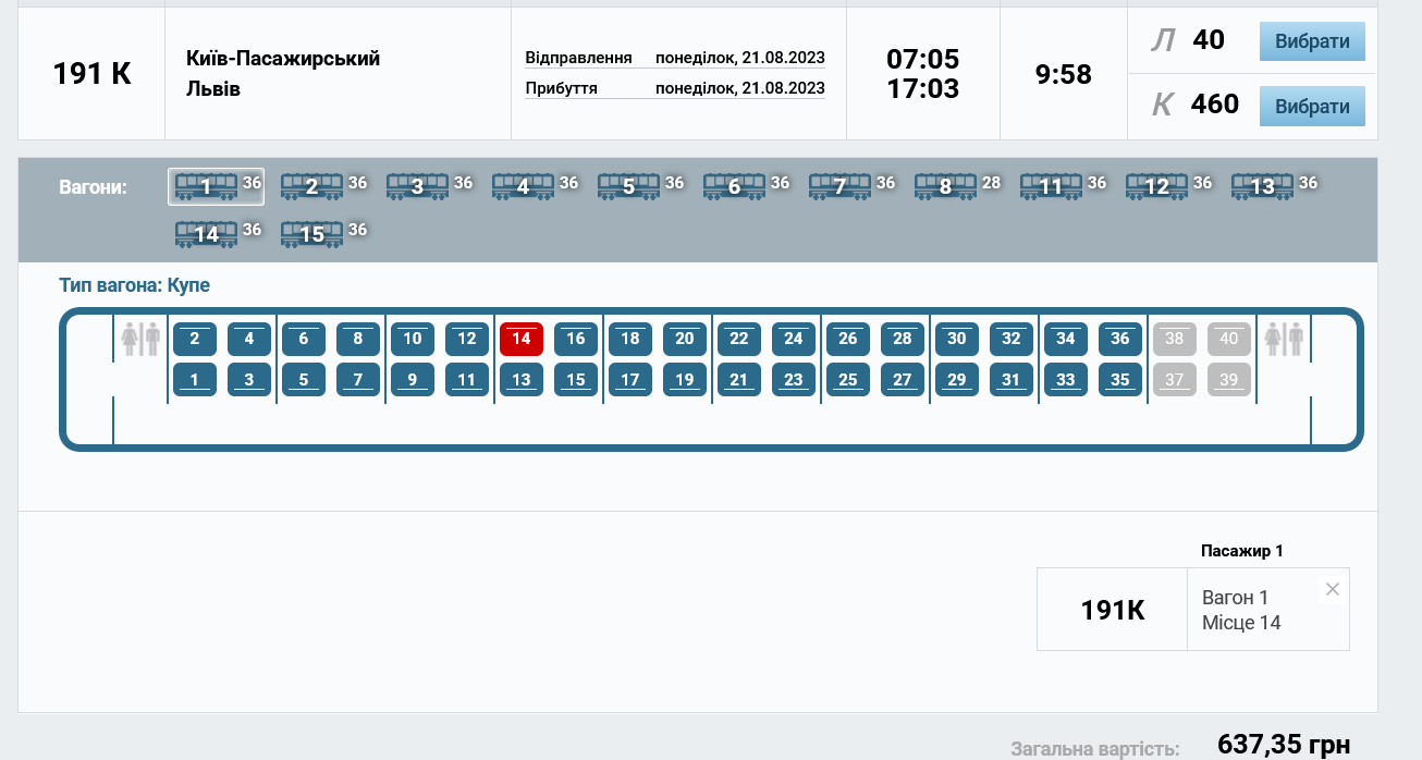 Ціни на квитки у купе поїзда №191/192 Київ – Львів на 21 серпня dqxikeidqxidqrant