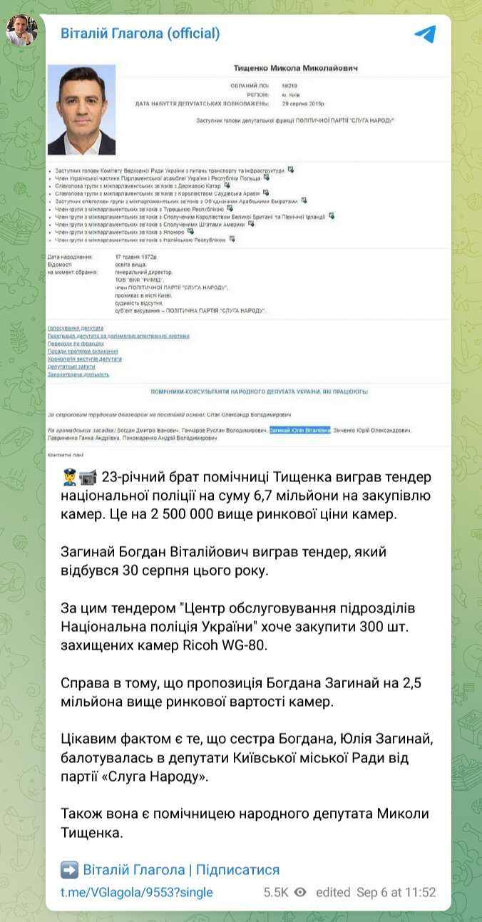 Брат помічниці нардепа Миколи Тищенка виграв тендер від Національної поліції dqxikeidqxidqeant