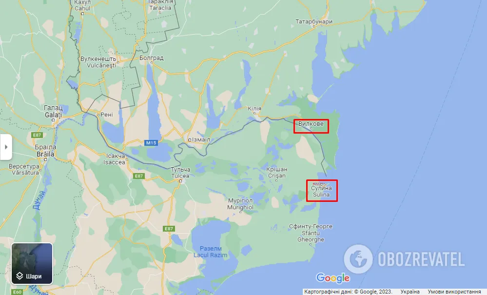 Суліна (Румунія) та Вилкове (Україна) на карті dqxikeidqxiqqtant