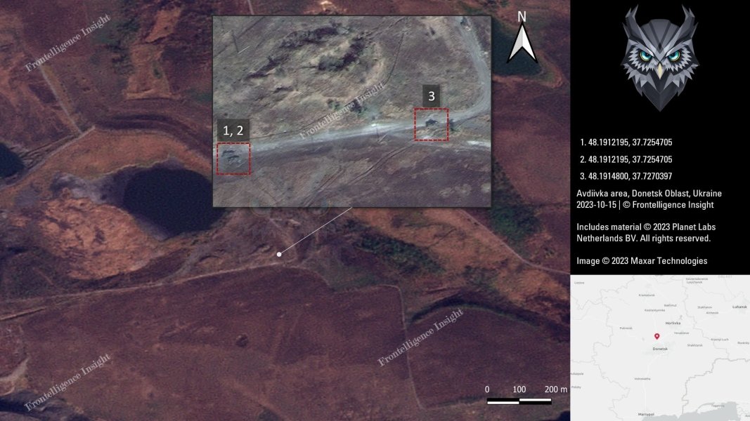 Втрати ЗС РФ під Авдіївкою, білим квадратом позначено техніку, яка вже була знищена раніше dqxikeidqxiqduant