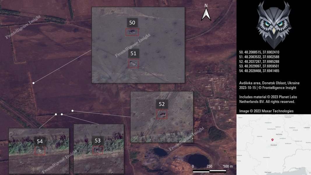 Втрати ЗС РФ під Авдіївкою, білим квадратом позначено техніку, яка вже була знищена раніше